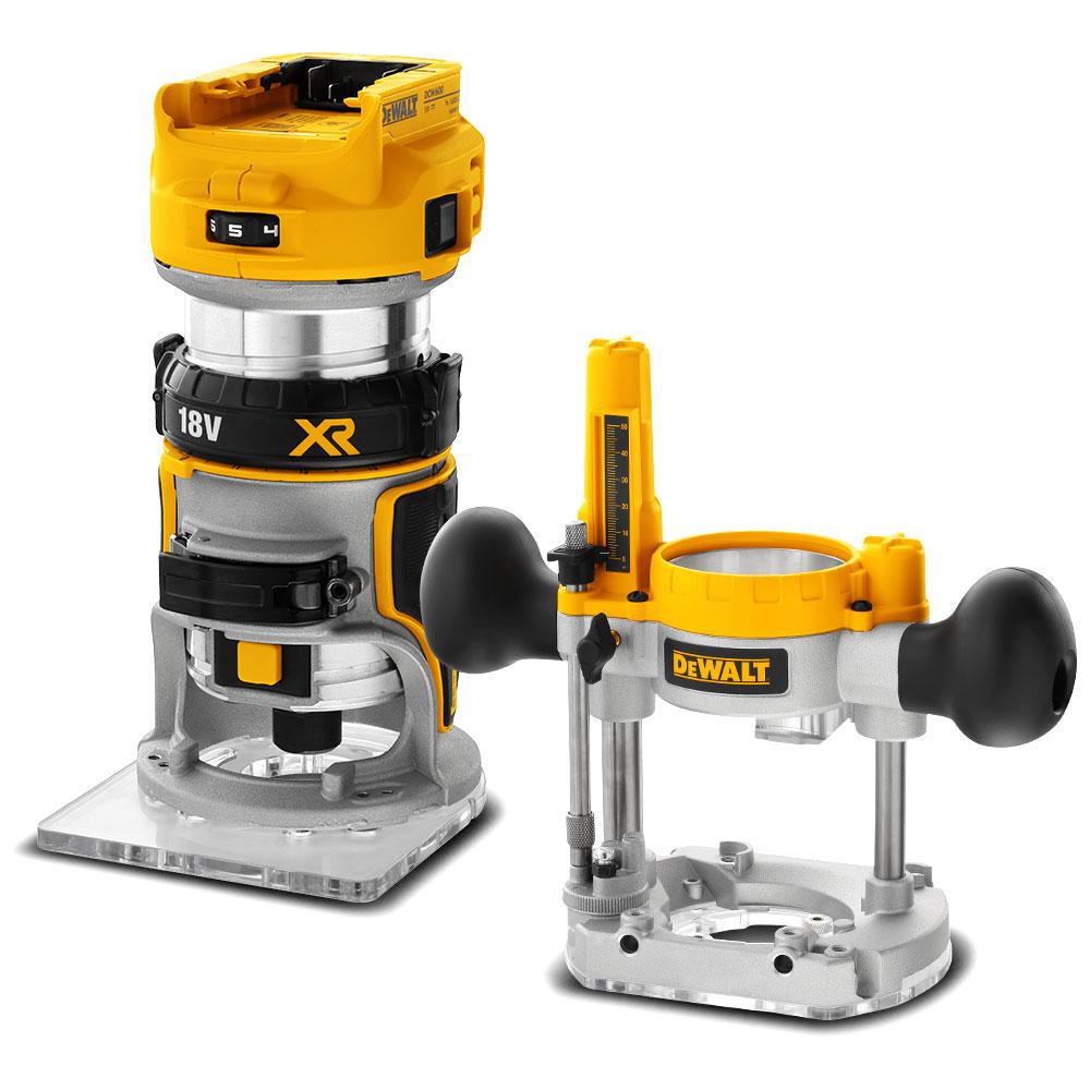 DeWalt DCW604N-XJ 18V XR Li-ion Cordless Brushless 6.35mm (1/4") Laminate Trimmer Router with Plunge Base - Skin Only