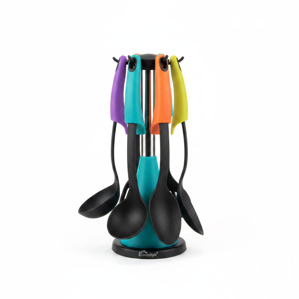 Cookstyle 7 piece kitchen tool set with colourful handles on rotating stand, white background