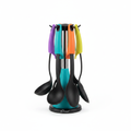 Cookstyle 7 piece kitchen tool set with colourful handles on rotating stand, white background
