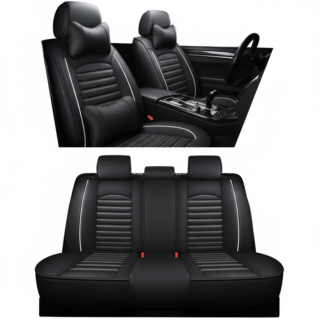 Universal fit black and white leather-look car seat covers full set with neck pillows and lumbar cushions