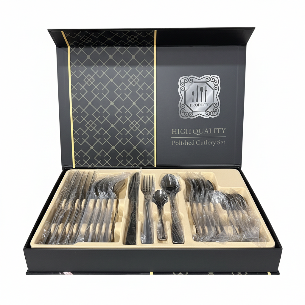 24 piece polished stainless steel cutlery set in open premium black gift box on white background