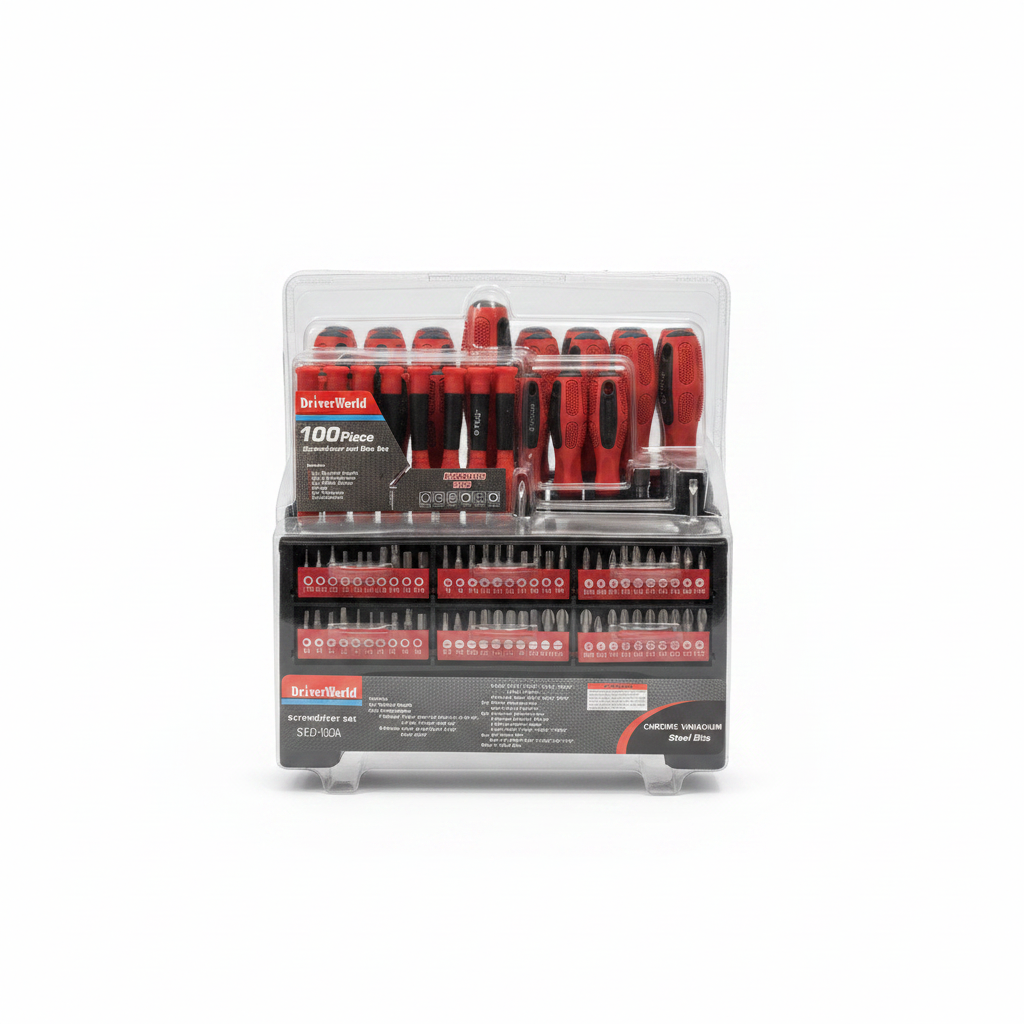 DriverWorld 100 piece screwdriver and bits set on clean white background