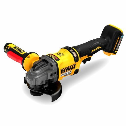 DeWalt DCG418 18V/54V XR FLEXVOLT brushless angle grinder on white background