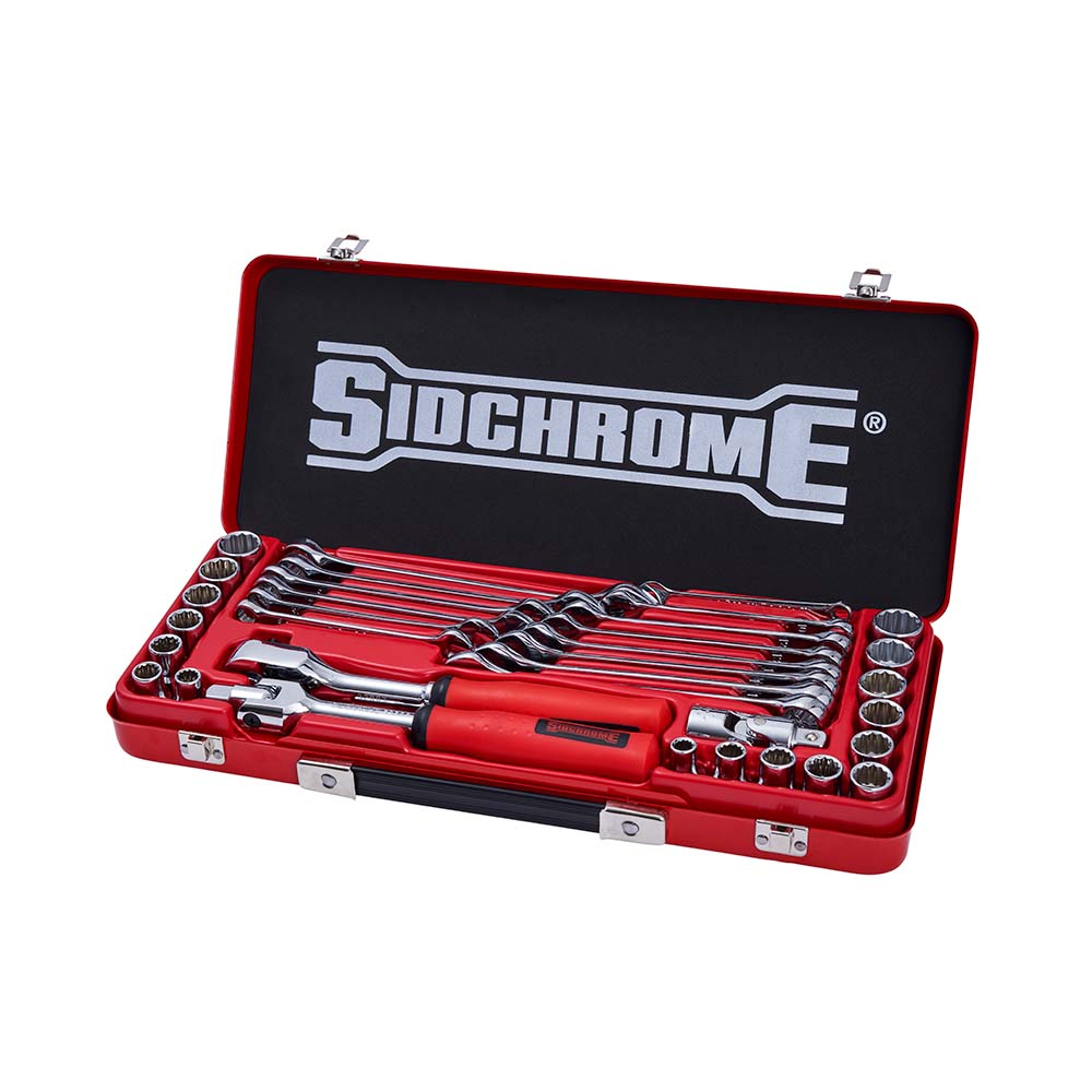 Sidchrome SCMT31235 35-Piece 1/2 Drive Metric/AF Socket & Spanner Set open in red storage tin