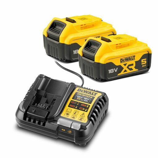 DeWalt DCB184X2 18V XR 5Ah battery twin pack with DCB1104 charger on white background