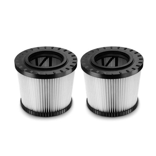 DeWalt DWV9340 HEPA filter twin pack - two white cylindrical filters with black end caps