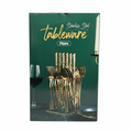 24 piece stainless steel tableware set in green box on clean white background