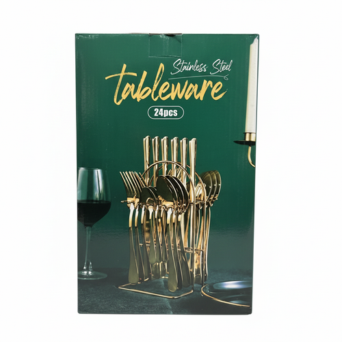 24 piece stainless steel tableware set in green box on clean white background