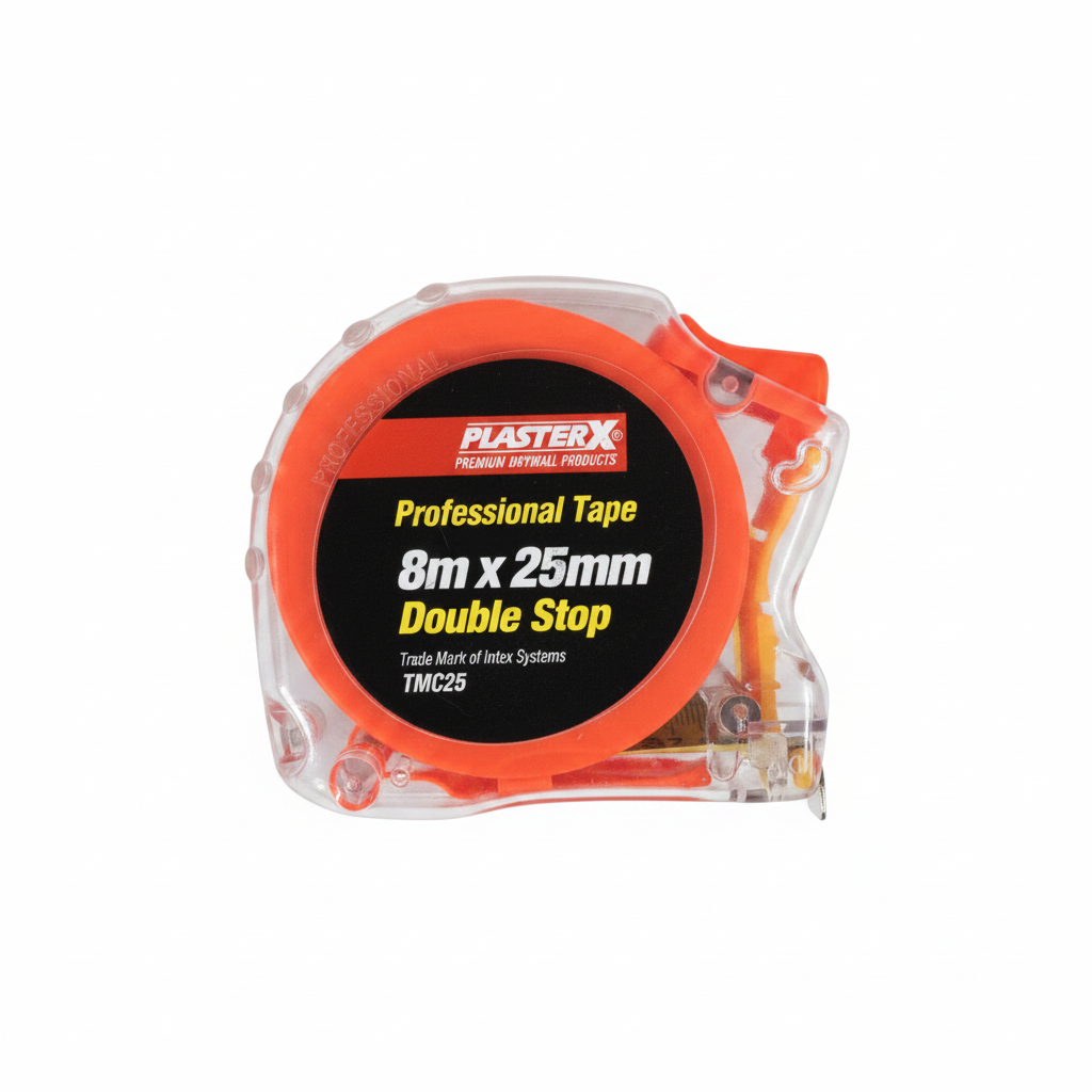 PlasterX professional tape measure 8m x 25mm double stop TMC25 on clean white background