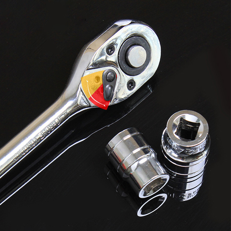 Close up of 3/8 inch ratchet wrench head and sockets
