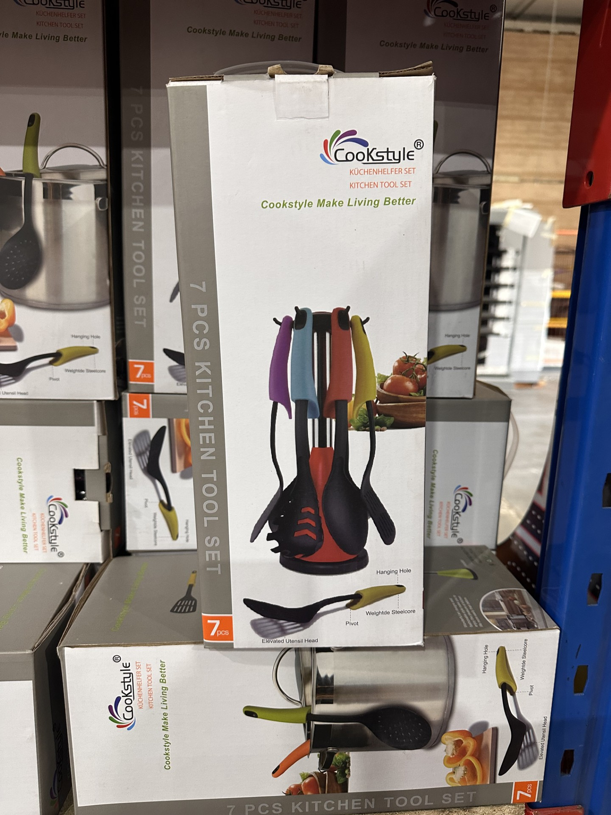 Cookstyle 7 piece kitchen tool set in retail box showing colourful utensils on rotating stand