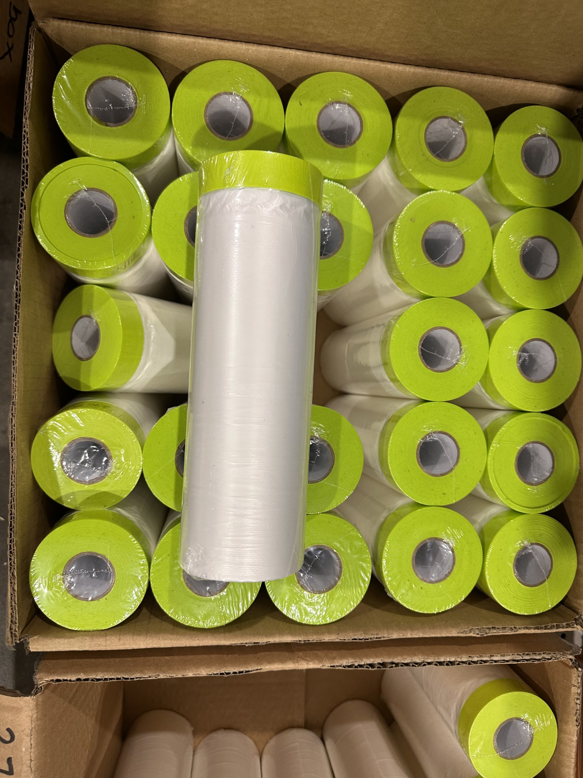 6 pack of waterproof PVC paint tape rolls in yellow and white, 2.7mm x 17m, shown in cardboard box