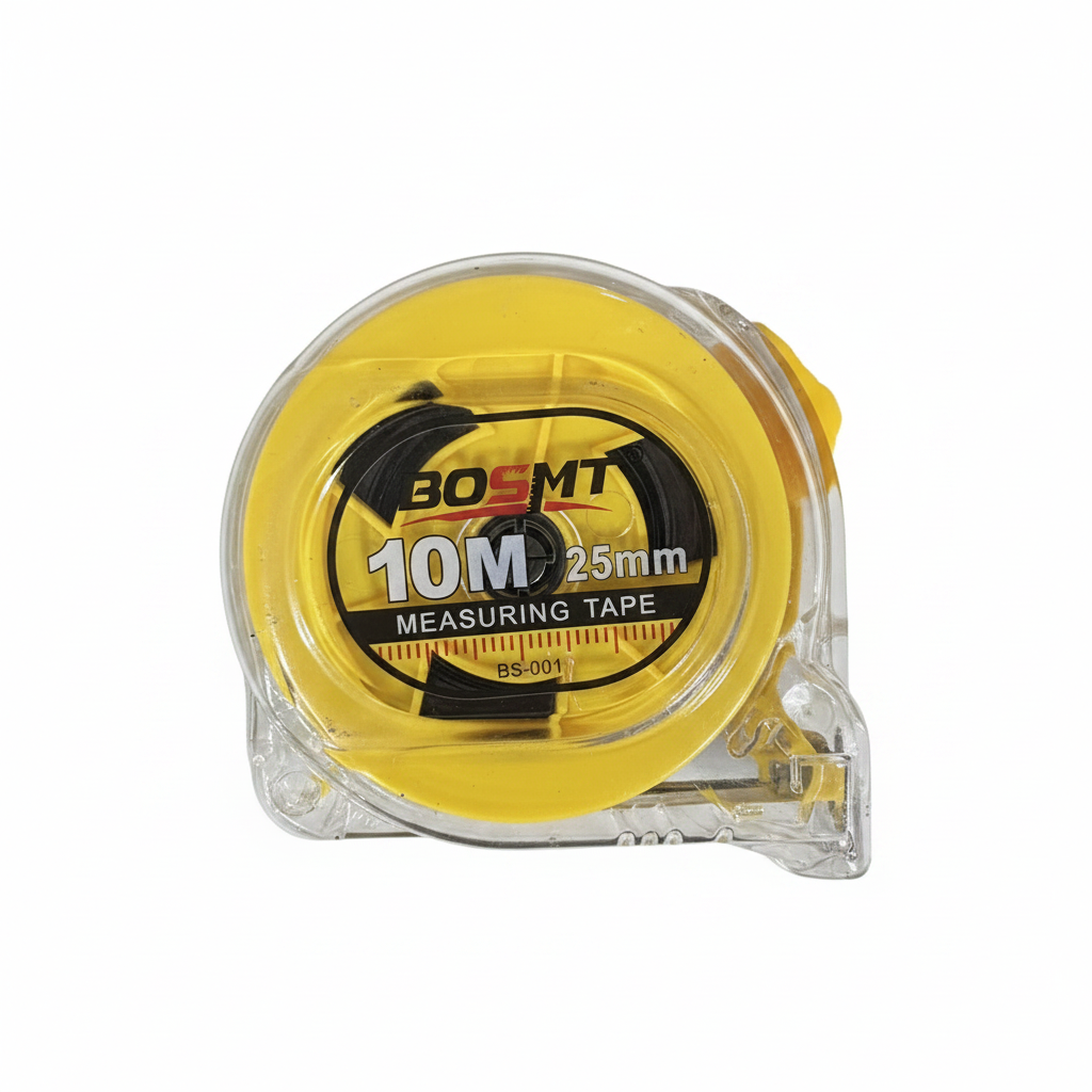 BOSMT 10M x 25mm measuring tape BS-001 in yellow casing on clean white background