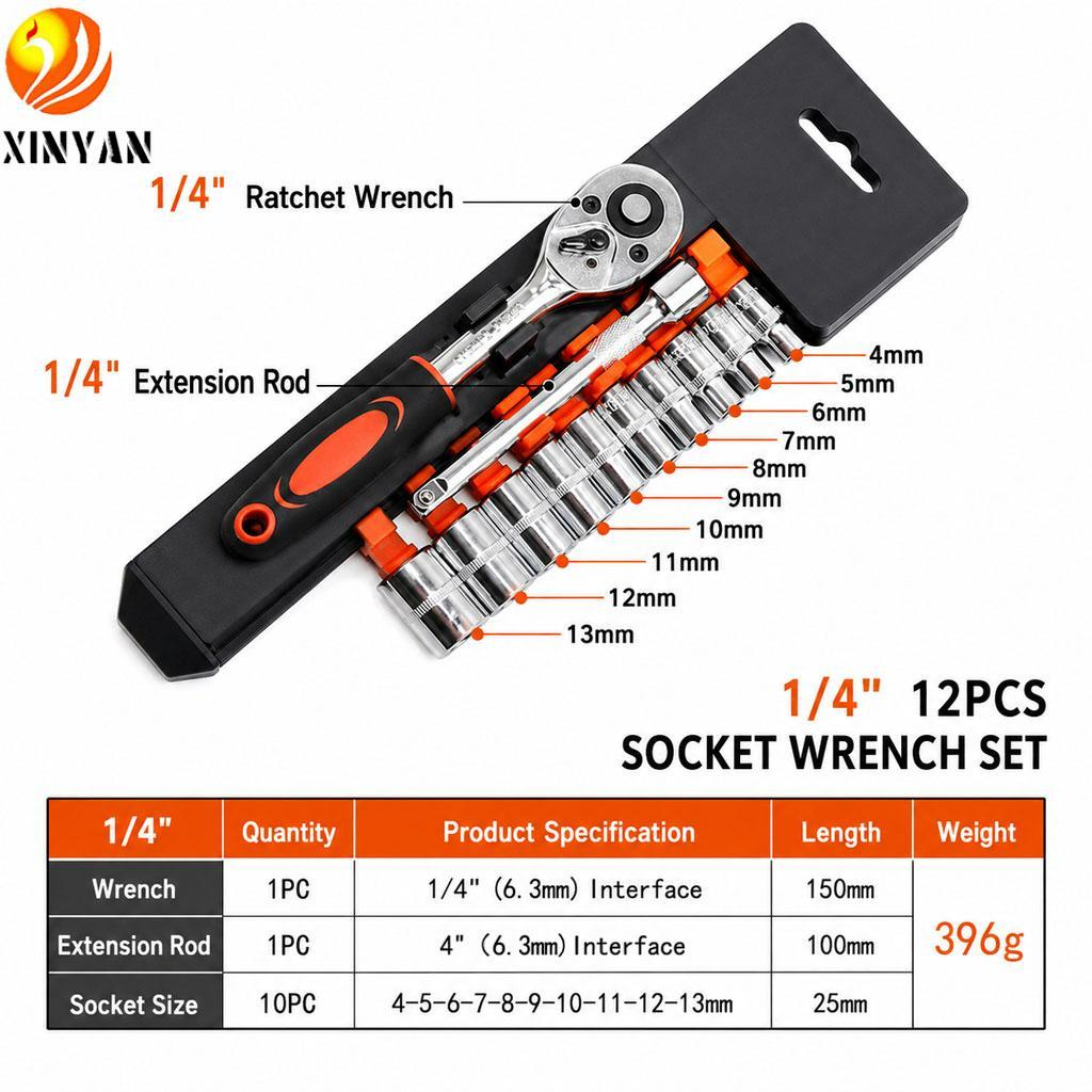 Xinyan 1/4 inch 12 Piece Socket Wrench Set with Ratchet and Extension Rod